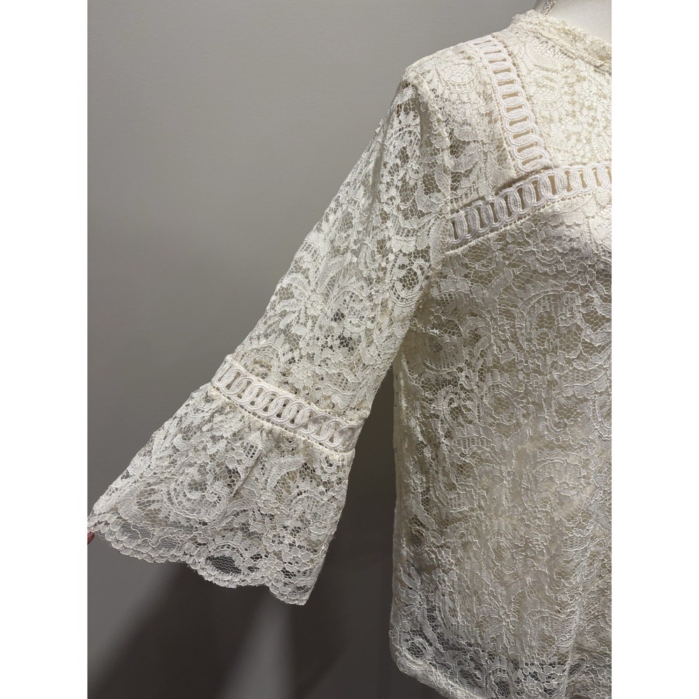 Ann Taylor Loft Women's Large Mock Neck 3/4 Sleeve White Sheer Lace Top Ethereal - Picture 2 of 11